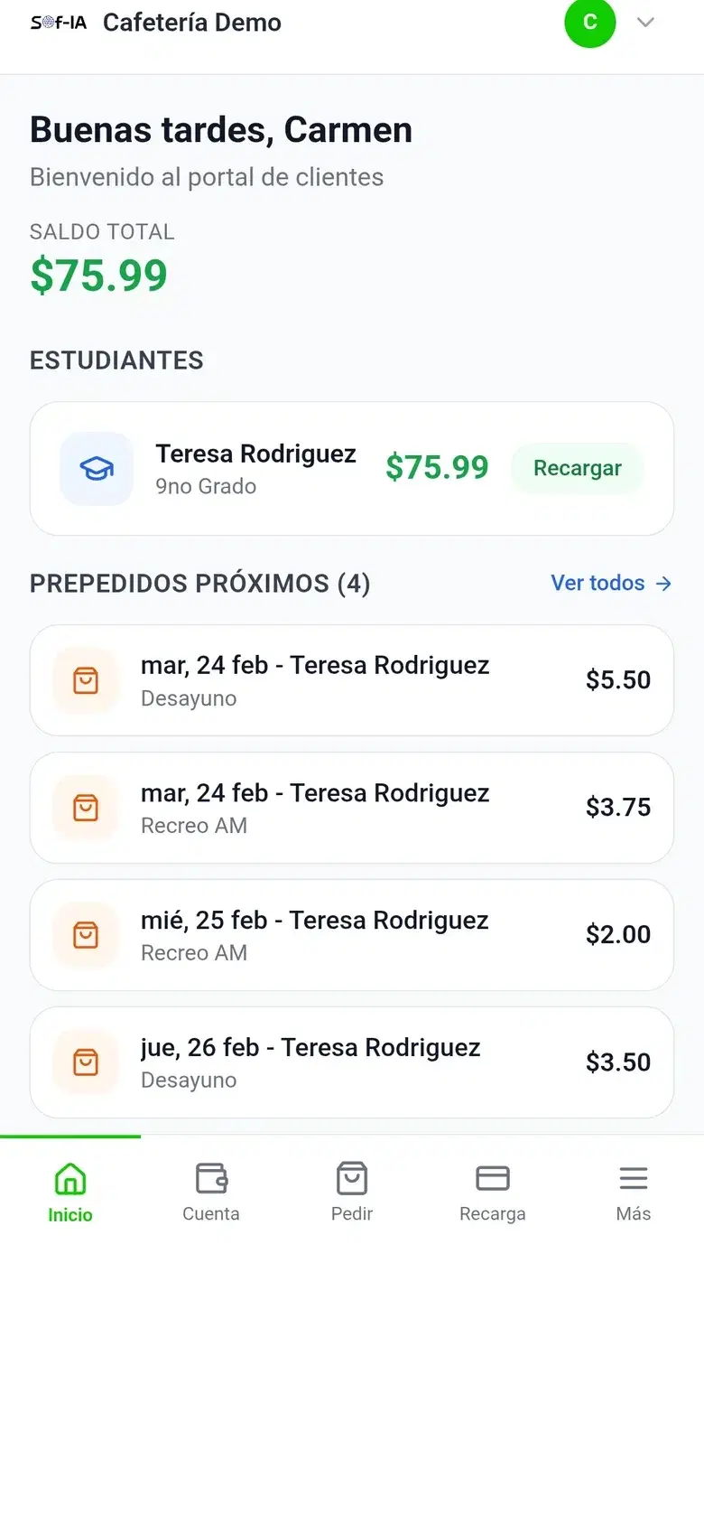 Portal de padres — saldo y prepedidos